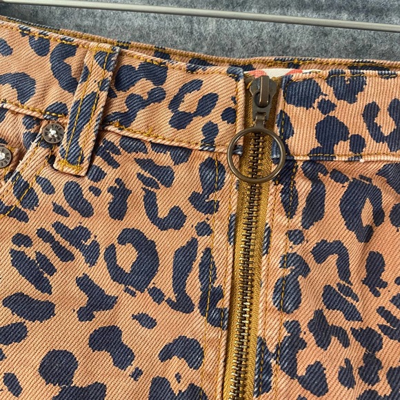 Free People Skirt 26 Orange Black Leopard Print Denim Mini Zip It Up High Rise - Picture 5 of 11